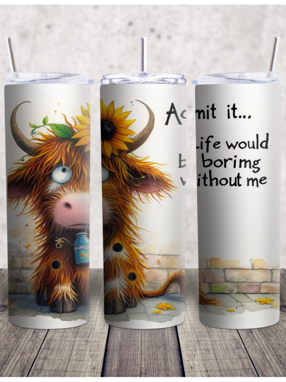 Hand Crafted White Sunflower Highland Cow Stainless Tumbler